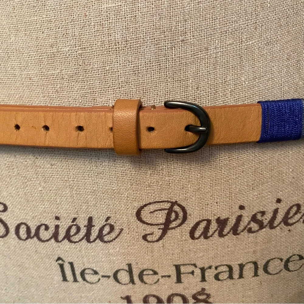 J. CREW BELT SKINNY TAN LEATHER MULTI COLOR WHITE BLUE GREEN THREAD WRAP SIZE L